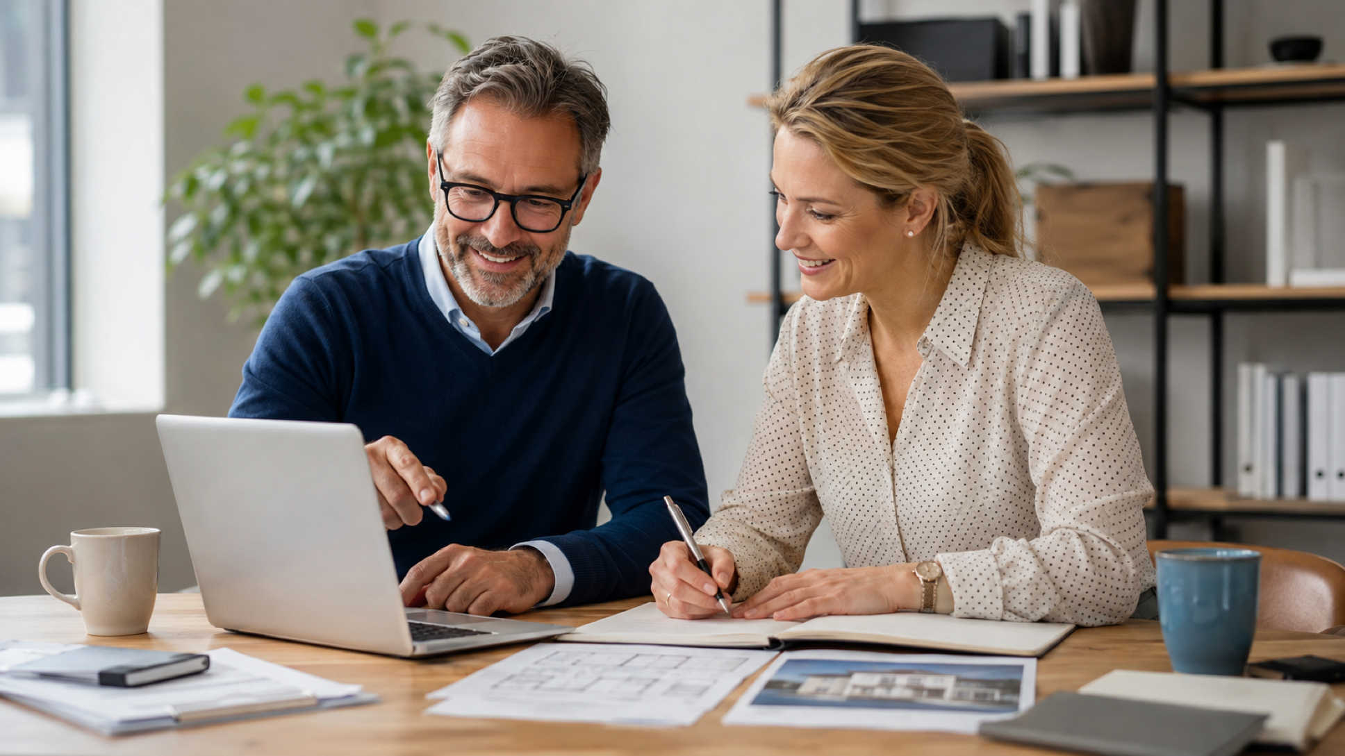 KI-generiertes Illustrationsbild: zwei Immobilieninvestoren gehen am Laptop gemeinsam Unterlagen durch